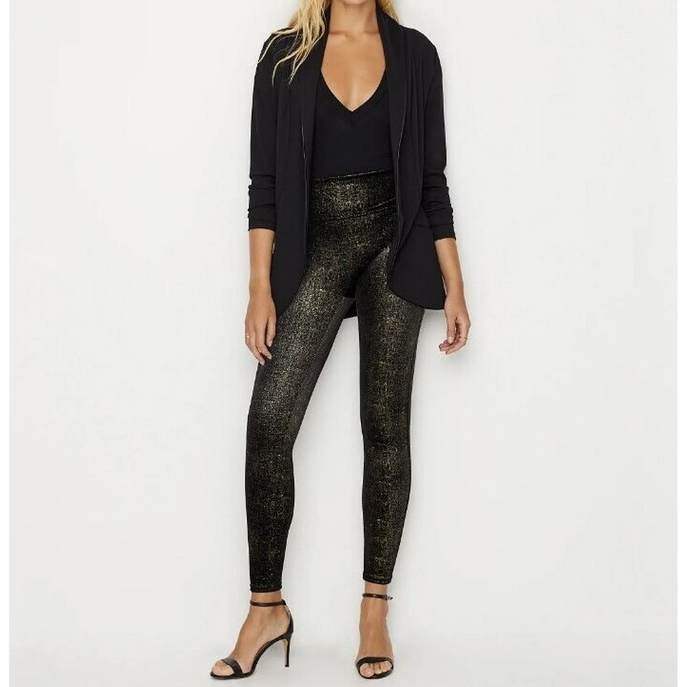 Spanx Women's Size Medium High Rise Velvet Shine Black Gold Shaping Legging
